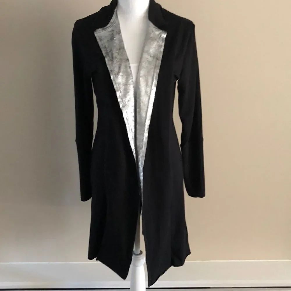 Terez Black & Silver Velvet Lapel Duster Long Sweatshirt/Jacket